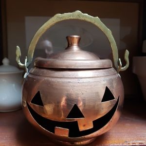 Coppper pumpkin/jack o lantern with brass handle